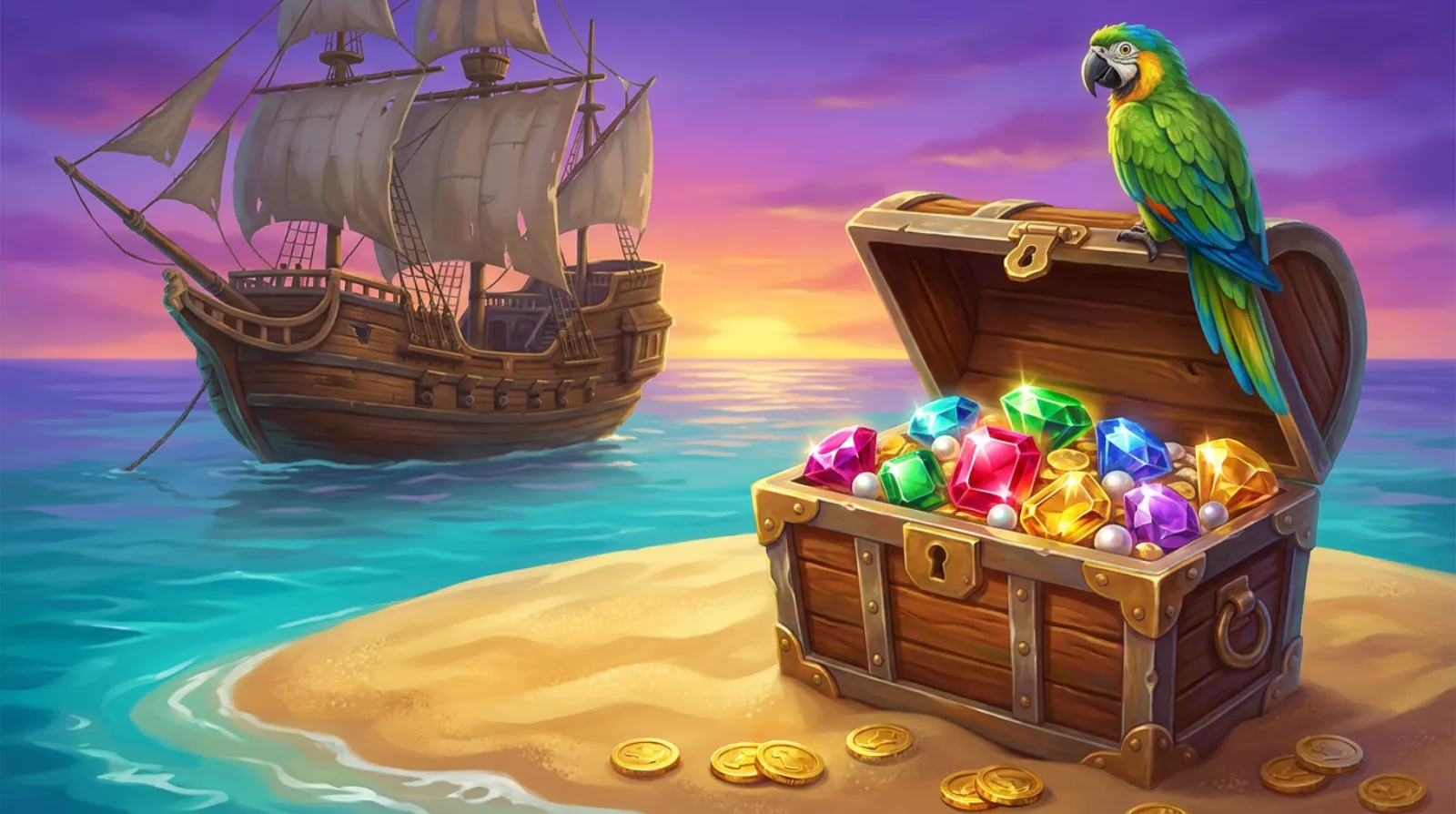 An open treasure chest overflowing with rubies, emeralds, sapphires, topaz, amethysts and pearls on a tiny sunset island, a green parrot perched on the lid and a weathered galleon anchored in turquoise water behind.
