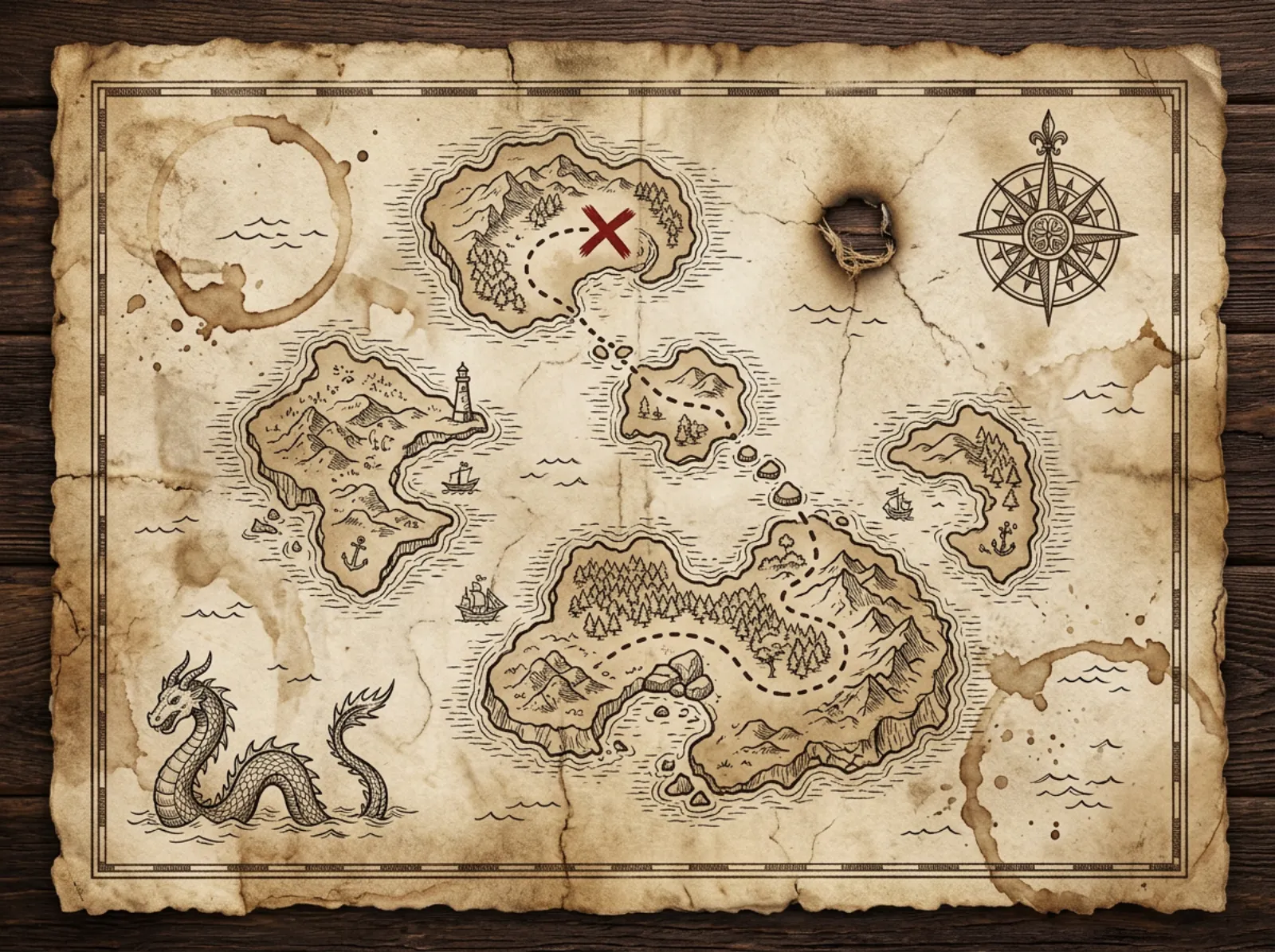 An aged parchment treasure map of five islands with a dotted path to a red X, a sea serpent in the corner, a compass rose, coffee rings and a burn hole.